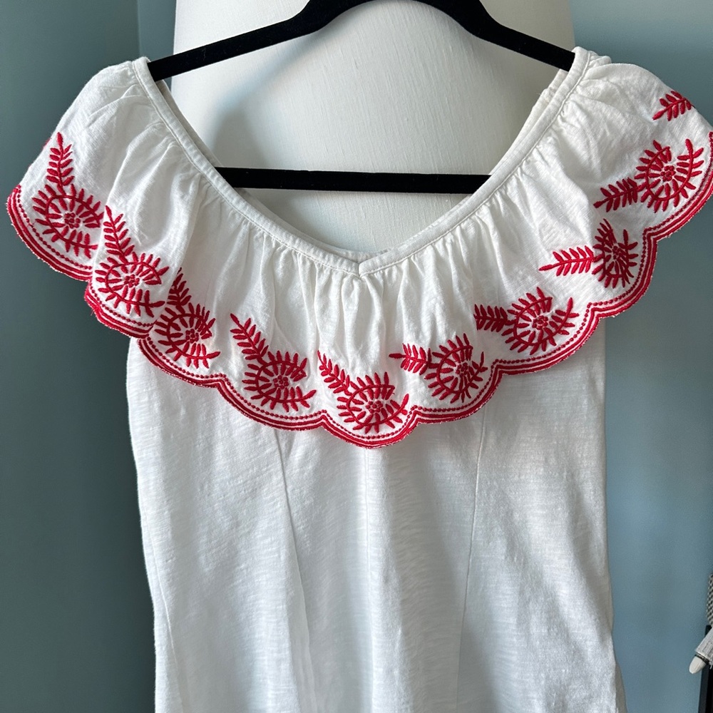 Anthropologie White Blouse with Red Embroidery